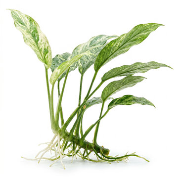Anubias Nana Aquarium Plant with Compact Glossy Green Leaves and Exposed Roots Isolated on White Background