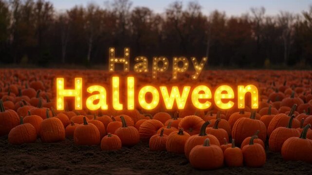 Pumpkin patch at dusk with glowing happy halloween light sign, autumn harvest field