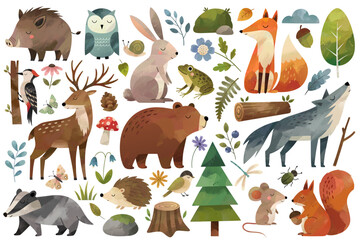 Obraz premium Watercolor woodland animals. Set of hand drawn wild forest animals and plants. Fox, wolf, mouse, reindeer, bunny.