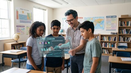 Obraz premium Educator showing students holographic AI learning dashboard in classroom with library background