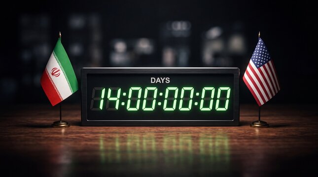 A digital countdown timer displays 14 days between the flags of Iran and the United States on a dark background