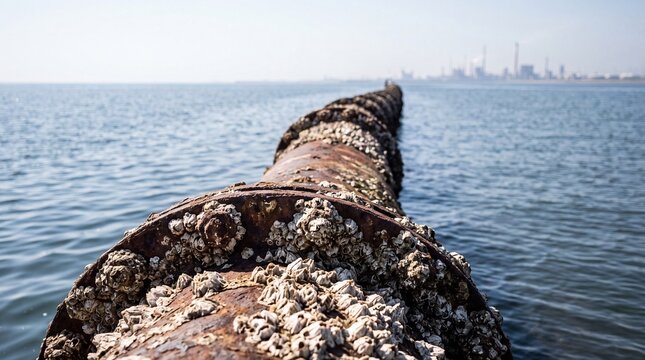 A rusty pipe covered in oysters and barnacles extends into the ocean with a city skyline in the background.
