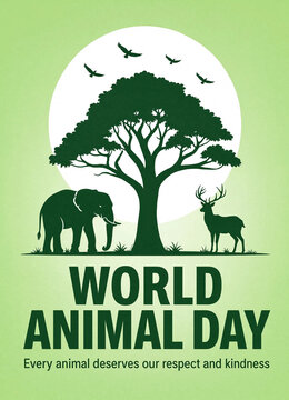 World Animal Day illustration with tree elephant deer and birds on green background.