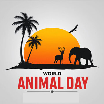 World Animal Day celebration with animal silhouettes at sunset  elephant deer bird palm tree.