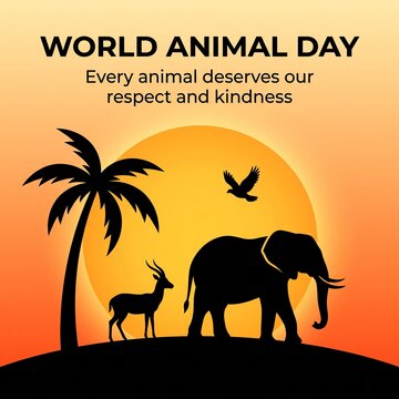 World Animal Day awareness poster with animal silhouettes at sunset  promoting kindness.