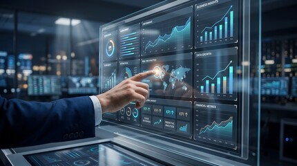 Naklejka premium Businessman's hand interacting with futuristic holographic financial data dashboard