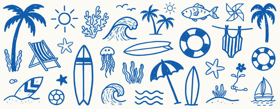 Set of blue pixel art beach vacation icons featuring palm trees sun and summer items outline sketch vector illustration
