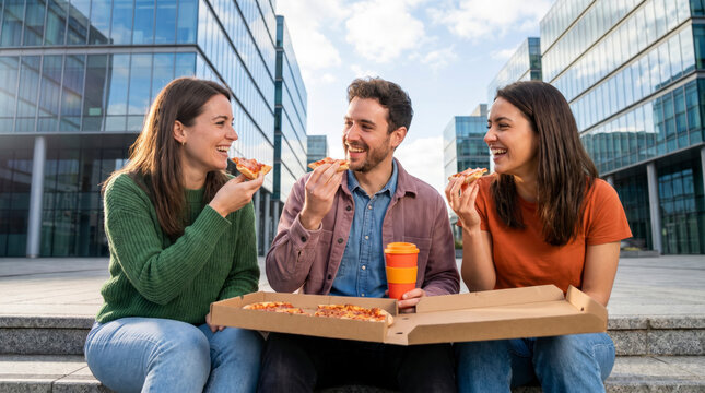 Three friends eating pizza together on steps outside modern glass offices