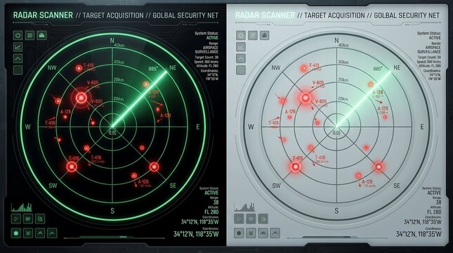 Digital radar screen showing navigation and target tracking