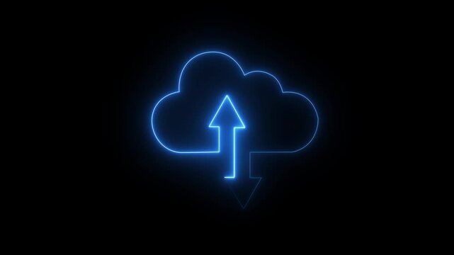 glowing Neon cloud storage icon with upload and download arrows glowing in red animation , digital technology for data transfer, cloud computing, backup, and online storage concept animation 4k video