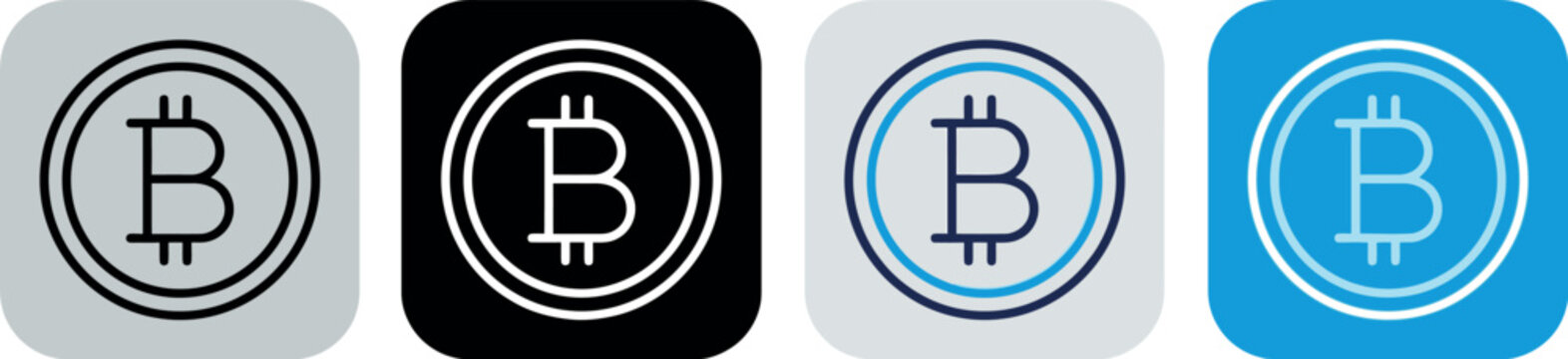 Bitcoin cryptocurrency icon set, digital currency symbol collection in flat line style, 4 financial blockchain vector graphics, blue and black crypto coin logos for web and app design