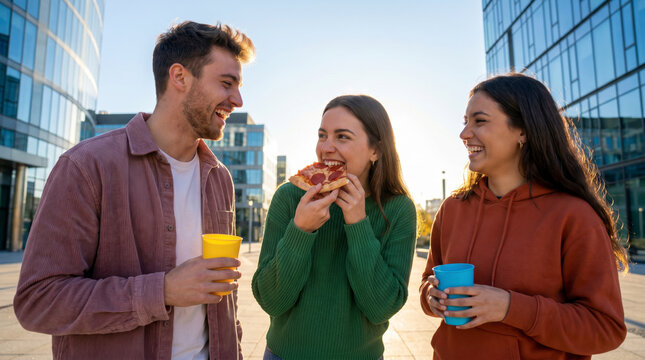 Young woman biting pizza slice with laughing friends outdoors in modern city