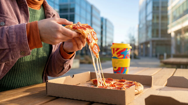 Hands lifting cheesy pizza slice from box on table in modern city plaza