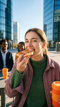 Young woman biting pizza slice outdoors with colleagues in business district