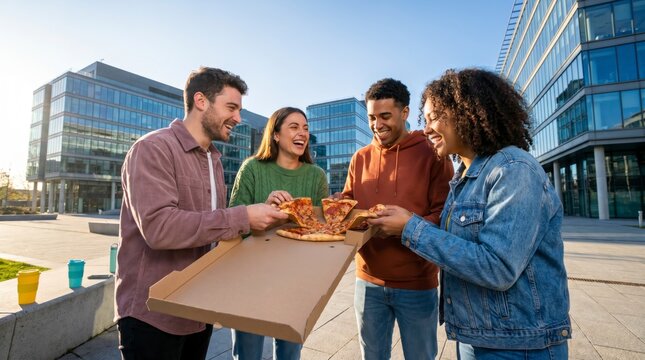 Diverse friends sharing pizza from box outdoors in modern business district
