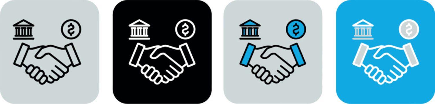 Business handshake icons with bank and dollar coin symbols, professional financial partnership vector set, corporate deal and investment agreement graphics for banking and commerce