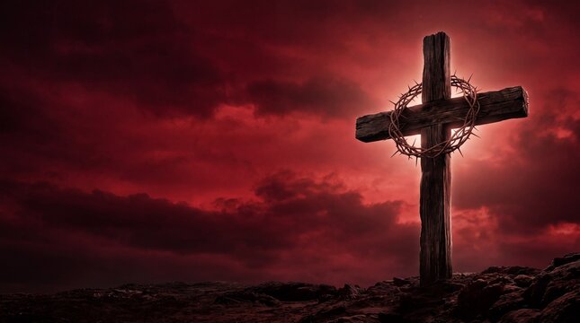 A dramatic depiction of a wooden cross with a crown of thorns against a dark, ominous red sky with clouds.