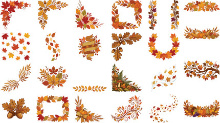 Autumn Floral Border and Fall Foliage Decoration Collection with Maple Leaves, Oak Branches, Harvest Frames and Seasonal Ornaments © koushar