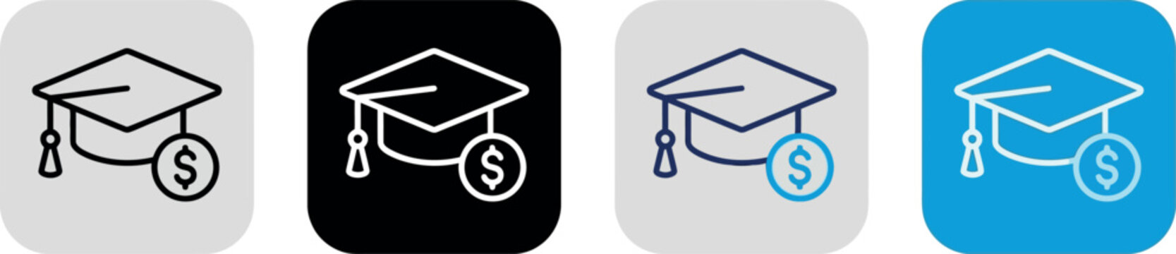 Minimalist graduation cap and dollar coin icon set, academic scholarship and tuition cost vector symbols, student loan and education funding line art graphics for financial planning.