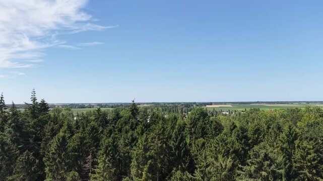 Dramatic drone video starting low behind a tree line, slowly rising to reveal the hidden Wildeburg music festival in the Netherlands. Distant aerial view of the summer event in green nature.