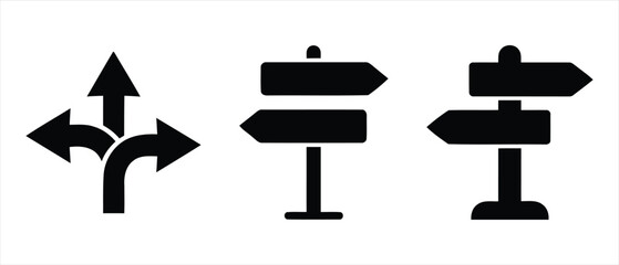Directional signpost and navigation arrow icons for wayfinding with signpost navigation direction wayfinding destination pointers decision pictogram interface location position indicator © Romzain