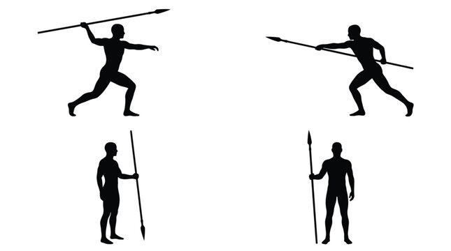 Four black silhouettes of athletic men holding sharp spears in various dynamic poses on white background