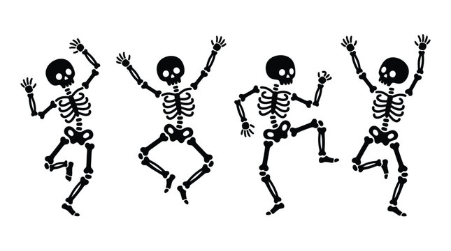Four playful black skeletons dancing happily in a row on a clean white isolated background