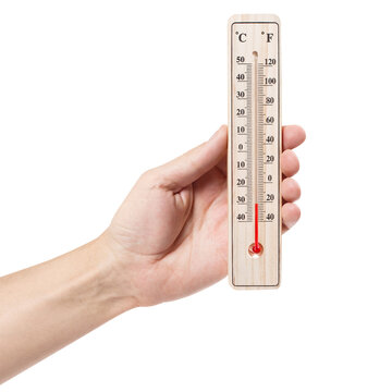 Hand showing classic wooden temperature thermometer, isolated on transparent cutout background
