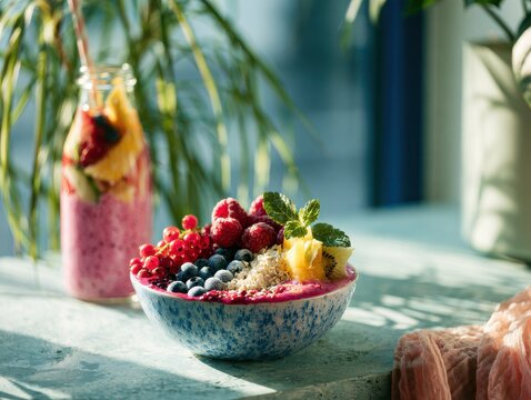 Colorful smoothie bowl with fresh berries and tropical fruits on table