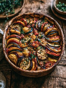 Colorful vegetable dish served in rustic bowl on wooden table