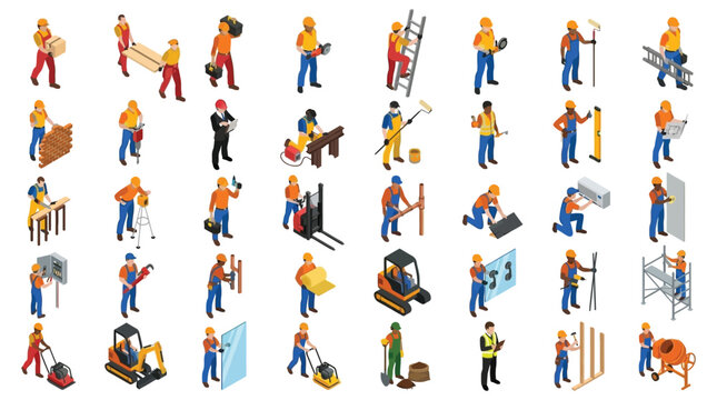 Construction Workers Isometric Illustration With Tools And Equipment