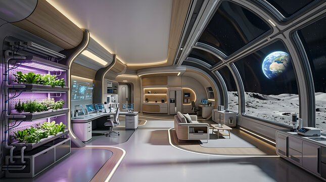 Space station interior features a hydroponic garden and large windows overlooking the planet Earth from orbit.