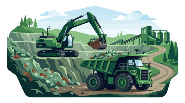 Excavator loading rocks into dump truck at open-pit mine with processing plant