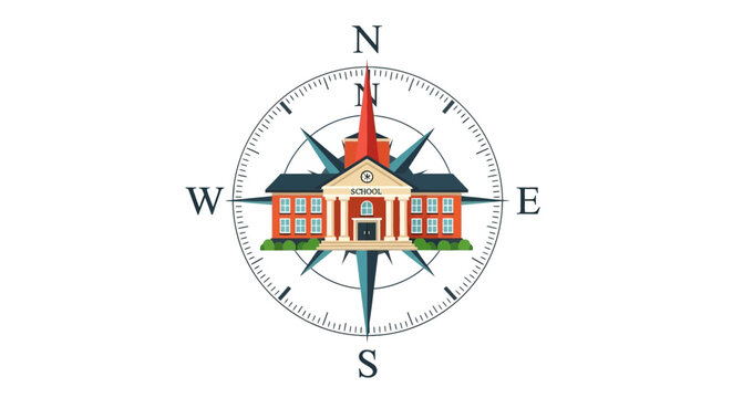Vintage compass rose with school building at the center
