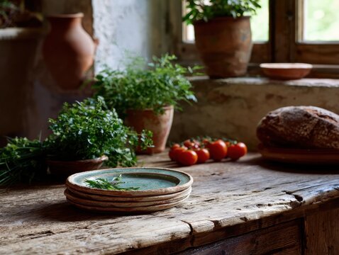 Rustic farmhouse kitchen with fresh ingredients and wooden table setting