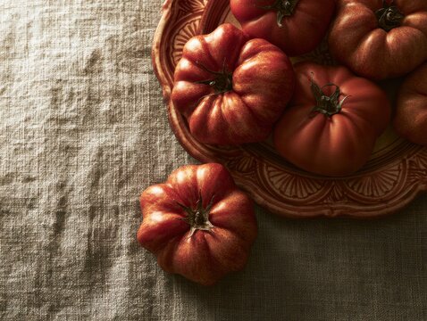 Ripe heirloom tomatoes arranged on a decorative plate for gourmet cooking