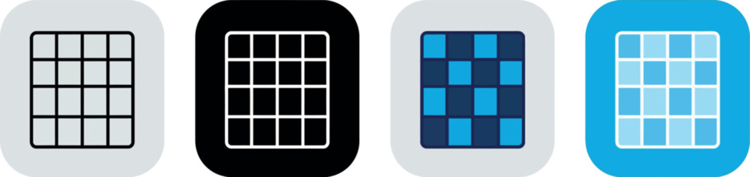 Minimalist grid icon set with four variations, geometric square pattern symbols in black and blue colors, flat vector graphic elements for user interface design and web application layout