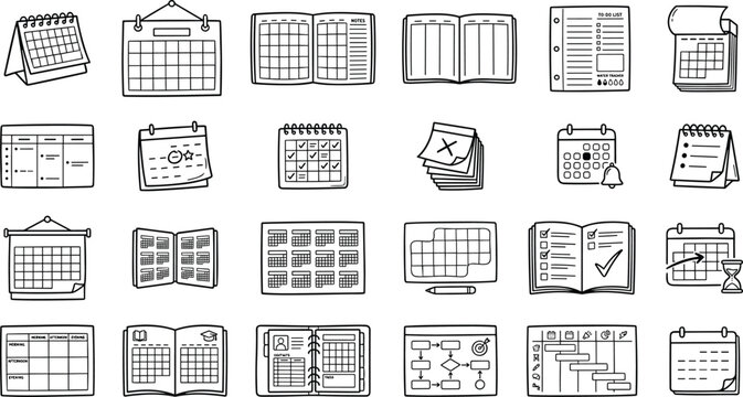Planner Calendar and Schedule Icon Collection with Monthly Calendars, To Do Lists, Timetables and Productivity Templates