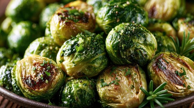 Freshly roasted Brussels sprouts garnished with herbs in a rustic bowl