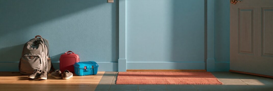 Backpack, lunch box, and shoes placed against a blue wall in a hallway, back to school banner