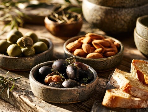 Assorted olives and nuts served on rustic wooden table for gourmet dining