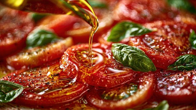 Fresh tomato salad drizzled with olive oil and garnished with basil