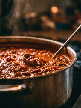 Homemade chili simmering in a pot with steam rising in the kitchen