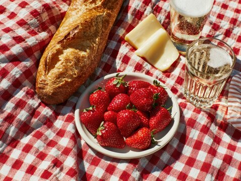 Fresh strawberries on a picnic blanket with bread and drinks