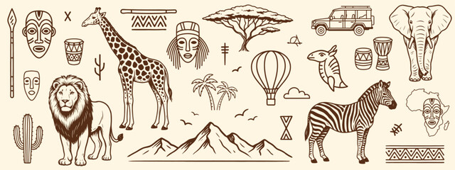 Set of hand drawn doodle icons and sketches about travel and adventure theme outline sketch vector illustration © Business Technology