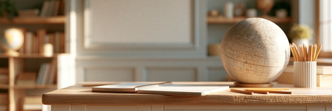 Desk with globe, notebooks, and pencils, back to school banner