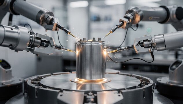 Medium shot of hybrid lowESR capacitor can sealing showcasing robotic arms performing hermetic sealing with advanced technology.