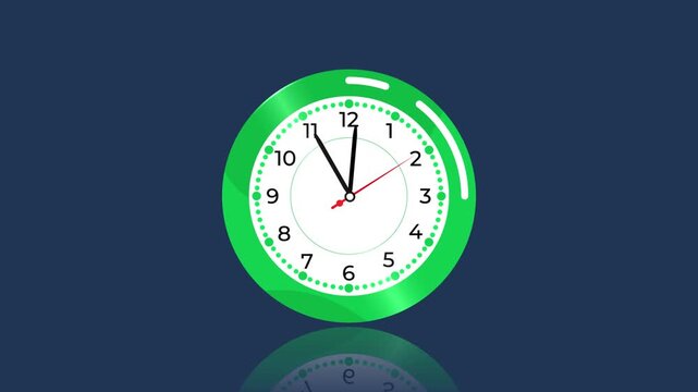 Animated Green Analog Clock Counting Down to Twelve O'Clock on Dark Blue Background