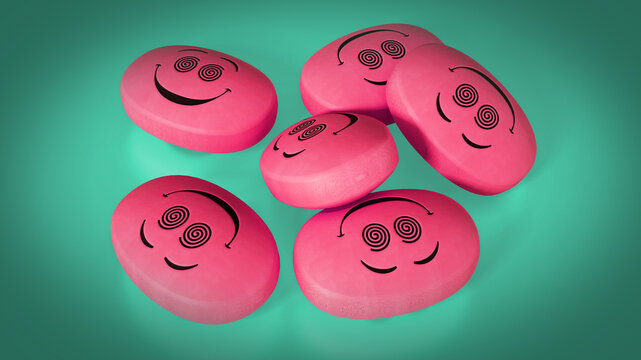 Antidepressant pills with smiling face. 3D illustration