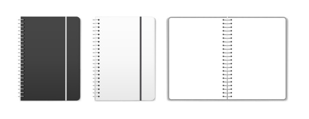 Fototapeta na wymiar Spiral notebook mockup with open and closed notepads, realistic blank journal covers and pages for planner, diary, stationery, office branding and presentation design. Vector set
